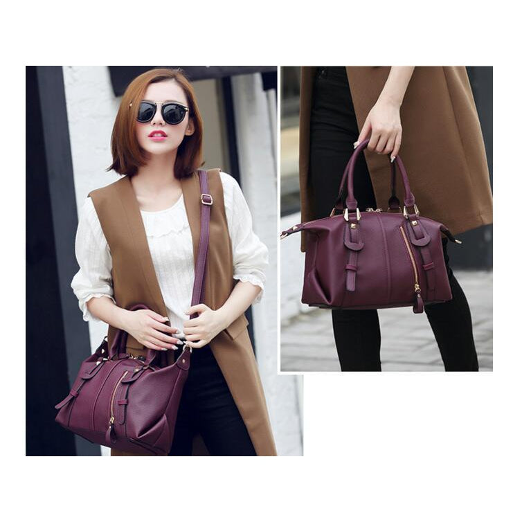 Women Tote Faux-Leather Boston Shoulder Bag with Buckle Design