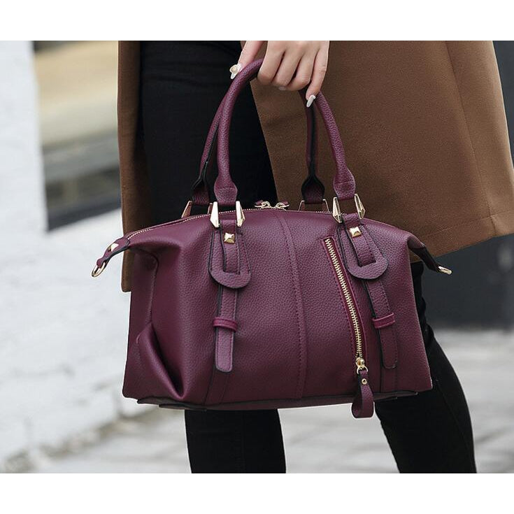 Women Tote Faux-Leather Boston Shoulder Bag with Buckle Design