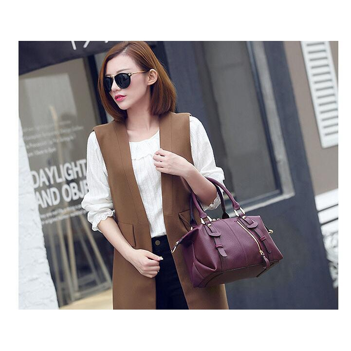 Women Tote Faux-Leather Boston Shoulder Bag with Buckle Design