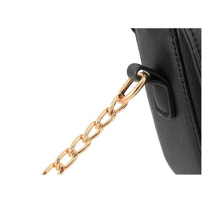 Women Black Saddle Tote Messenger Handbag Gold Chain