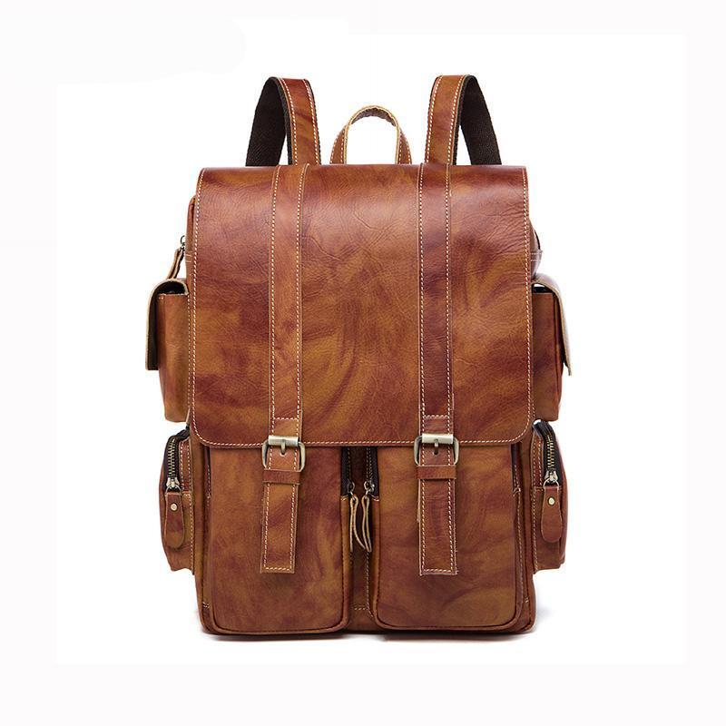 Men Multi-purpose and Spacious Distressed Brown Genuine Leather Backpack with a Belt Design