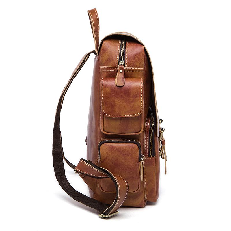 Men Multi-purpose and Spacious Distressed Brown Genuine Leather Backpack with a Belt Design