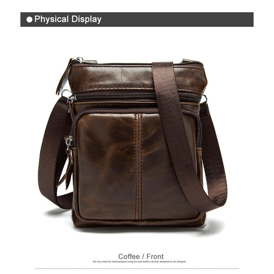 Men Crossbody Messenger Cow Leather Bag with Zipper Pockets
