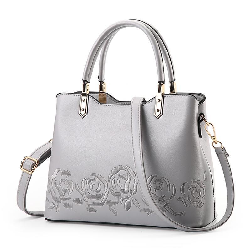 Women Premium Quality Faux-Leather Tote Messenger Crossbody Bag with Flower Embroidery
