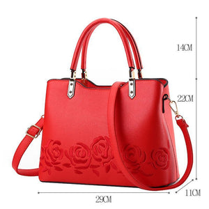 Women Premium Quality Faux-Leather Tote Messenger Crossbody Bag with Flower Embroidery