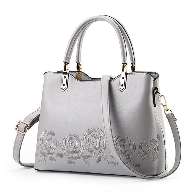 Women Premium Quality Faux-Leather Tote Messenger Crossbody Bag with Flower Embroidery