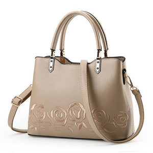 Women Premium Quality Faux-Leather Tote Messenger Crossbody Bag with Flower Embroidery