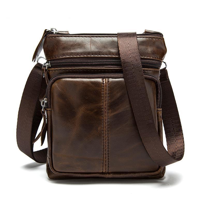 Men Crossbody Messenger Cow Leather Bag with Zipper Pockets