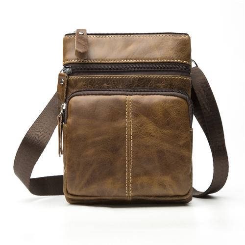 Men Crossbody Messenger Cow Leather Bag with Zipper Pockets