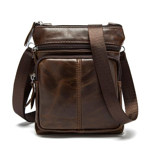 Men Crossbody Messenger Cow Leather Bag with Zipper Pockets