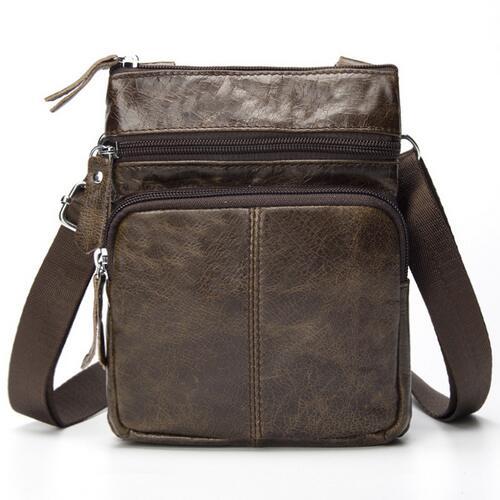 Men Crossbody Messenger Cow Leather Bag with Zipper Pockets