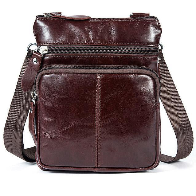 Men Crossbody Messenger Cow Leather Bag with Zipper Pockets