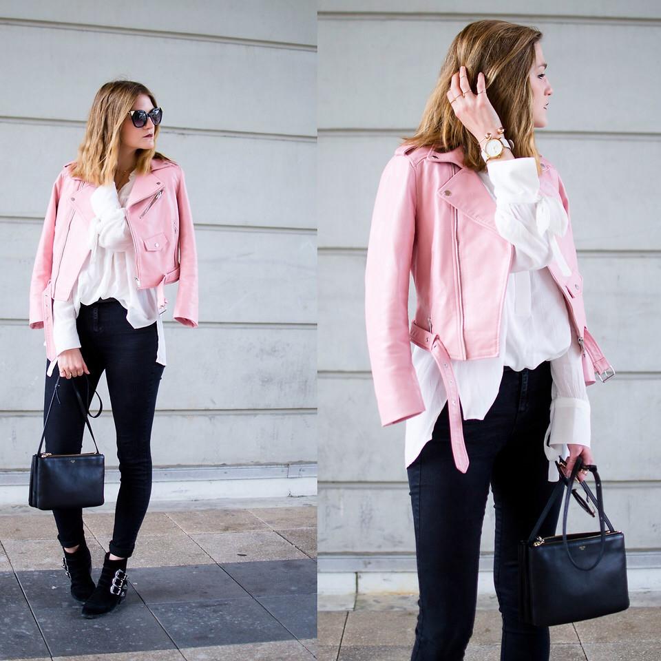 Lookbook Style Women Pink Brando Belted Leather Jacket with Shoulder Epaulettes