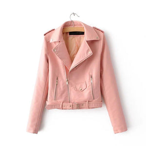 Women Pink Brando Belted Leather Jacket with Shoulder Epaulettes