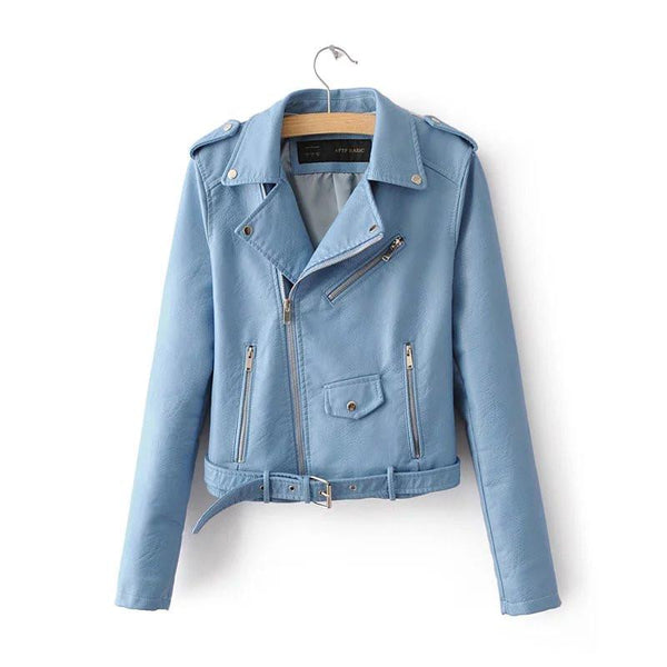 Women Sky Blue Brando Belted Leather Jacket with Shoulder Epaulettes