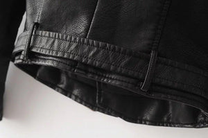 Women Black Brando Belted Leather Jacket with Shoulder Epaulettes