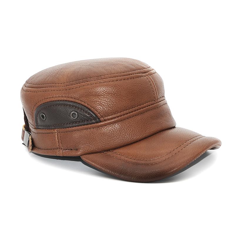 Men Leather Dual Brown Military Baseball Golf Cap