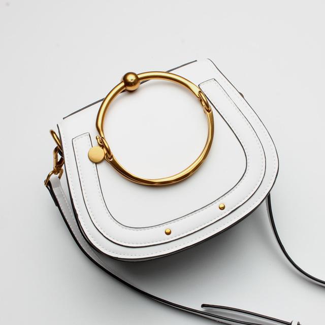 Women Saddle Faux-Leather Bag with Brass Buckle Design