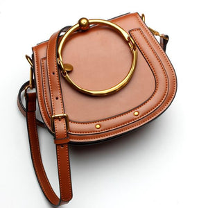 Women Saddle Faux-Leather Bag with Brass Buckle Design