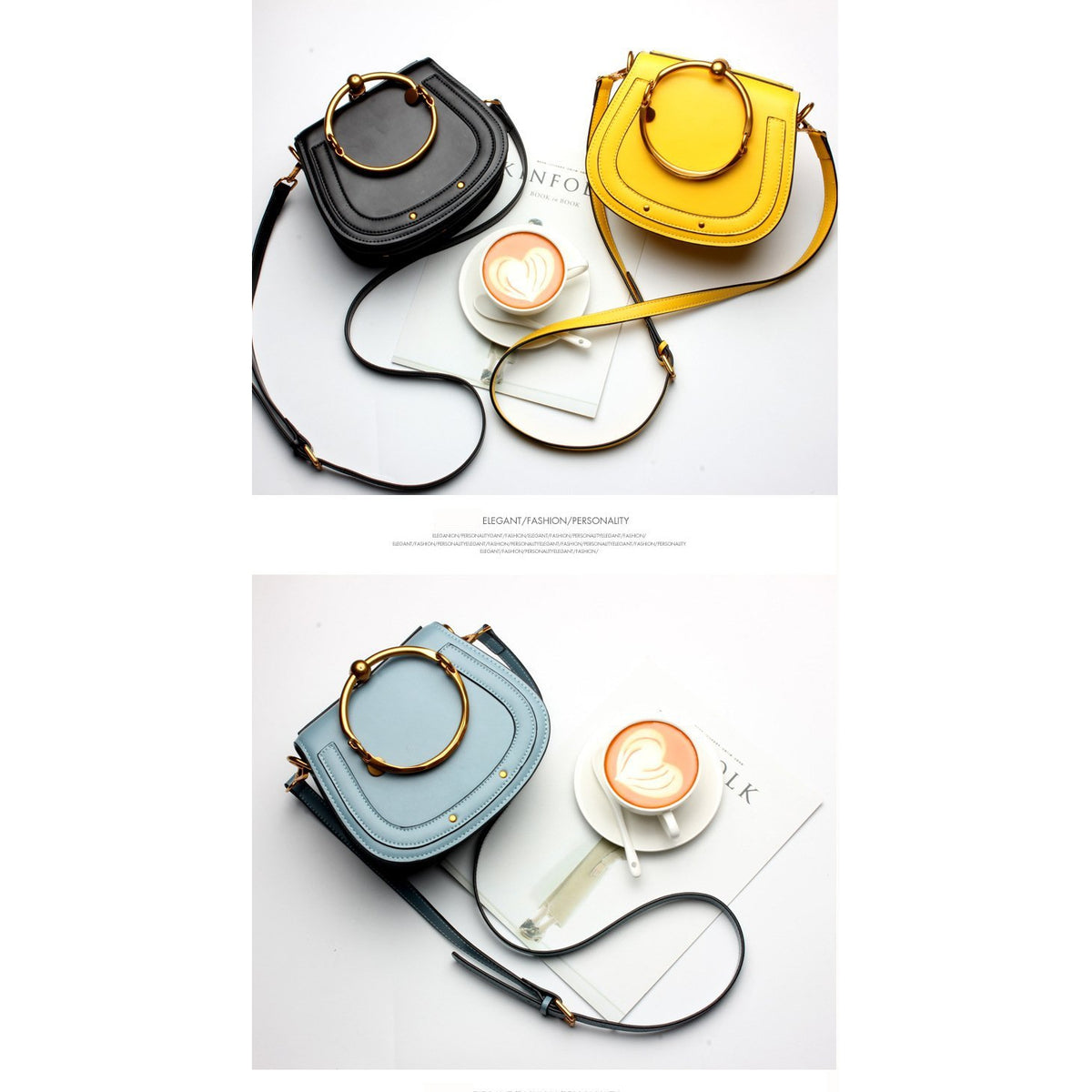 Women Saddle Faux-Leather Bag with Brass Buckle Design