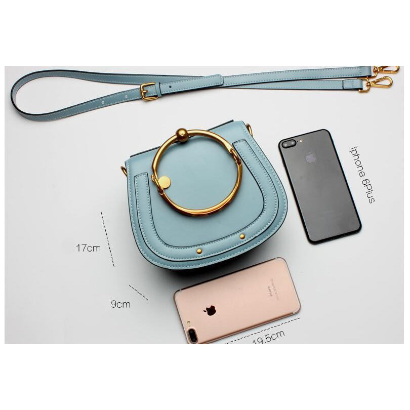 Women Saddle Faux-Leather Bag with Brass Buckle Design