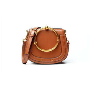 Women Saddle Faux-Leather Bag with Brass Buckle Design