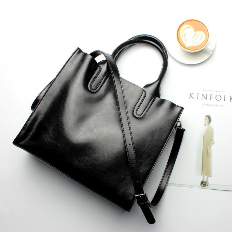 Women Black Tote Crossbody Messenger Genuine Leather Bag