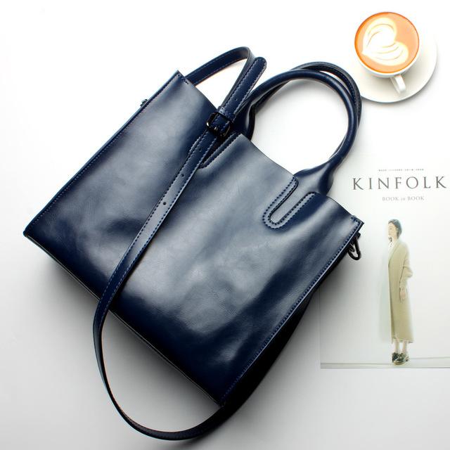 Women Blue Tote Crossbody Messenger Genuine Leather Bag