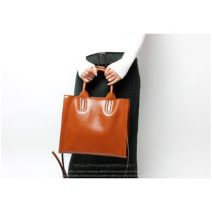 Women Brown Tote Crossbody Messenger Genuine Leather Bag Front View