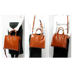 Women Brown Tote Crossbody Messenger Genuine Leather Bag Front Side Back View