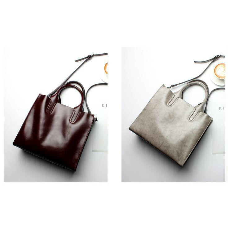 Women Wine Red Grey Tote Crossbody Messenger Genuine Leather Bag