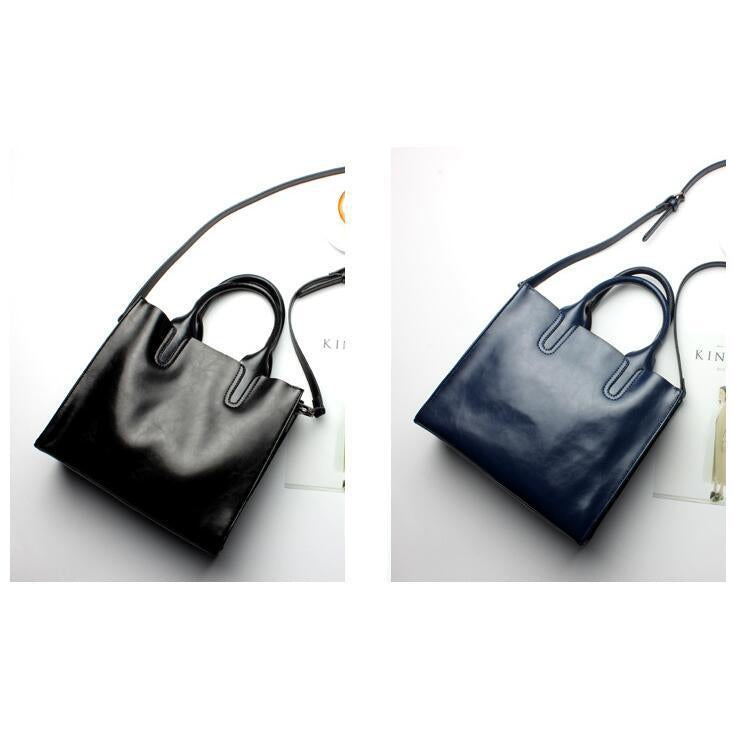 Women Black Blue Tote Crossbody Messenger Genuine Leather Bag