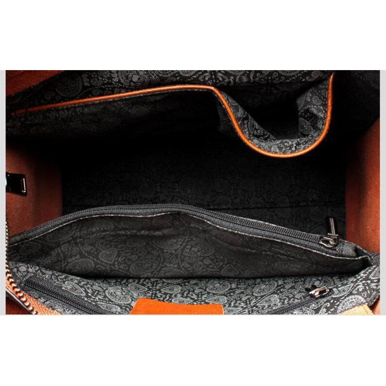 Women Brown Tote Crossbody Messenger Genuine Leather Bag Inside View