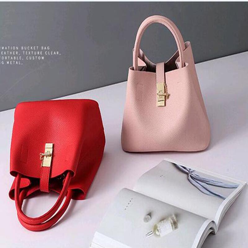 Women High-quality Synthetic Faux-Leather Tote Bag Bucket with Golden ...