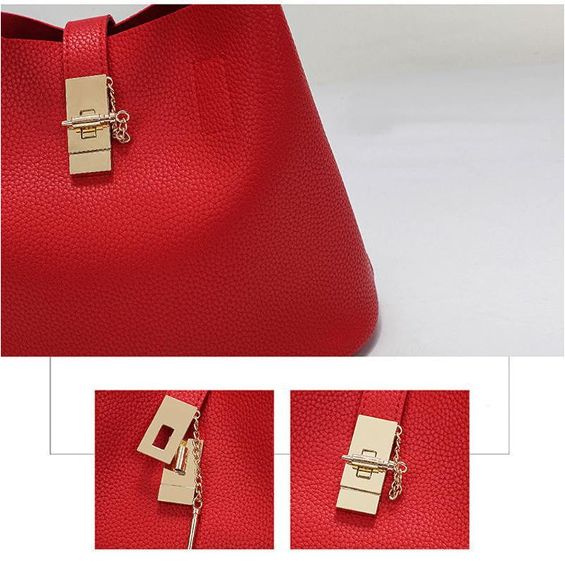 Women High-quality Synthetic Faux-Leather Tote Bag Bucket with Golden Metallic Lock System