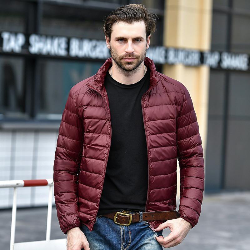 Men Red Maroon Rib Quilted Down Jacket Leather Skin Shop