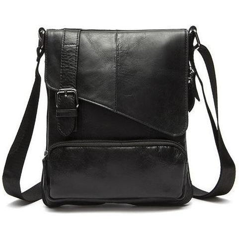 Men Black Natural Leather Shoulder Bag with a Belt Buckle Flap Closure Design