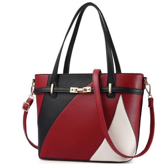 Women Asymmetrical Style Tri Color Synthetic Tote Messenger Faux-Leather Patchwork Handbag