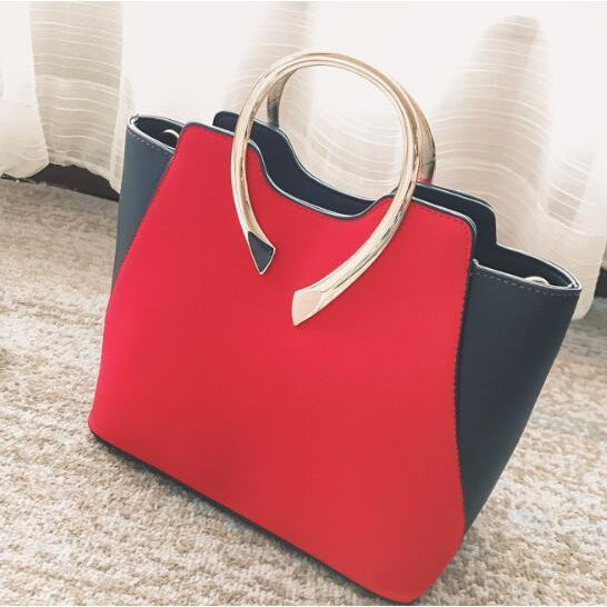Women Tote Faux-Leather Handbag with Golden Metal Grab Handles