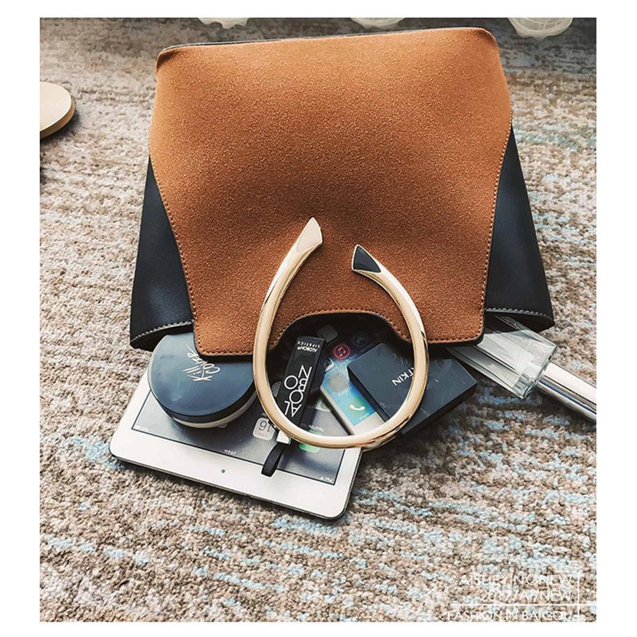 Women Brown Tote Leather Handbag with sunglasses