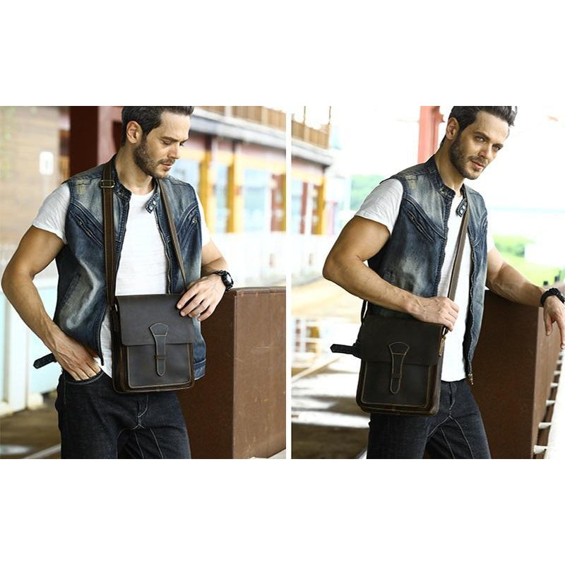 thumbnail image 2 of Vintage Style Men's Women's Black Faux Leather School Messenger Shoulder Bag With Buckle 2 of 6