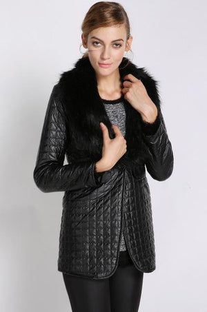Leather Skin Women Black Diamond Quilted Leather Jacket with Black Fur