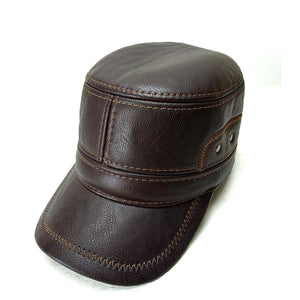 Men Leather Brown Baseball Cap with Adjustable Ear Muffs and Black Visor