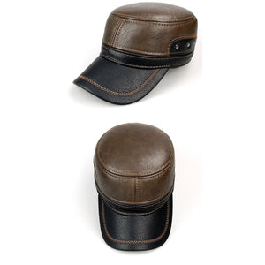 Men Leather Brown Baseball Cap with Adjustable Ear Muffs and Black Visor