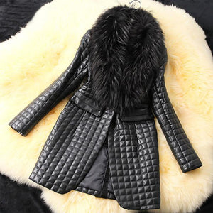 Leather Skin Women Black Diamond Quilted Leather Jacket with Black Fur
