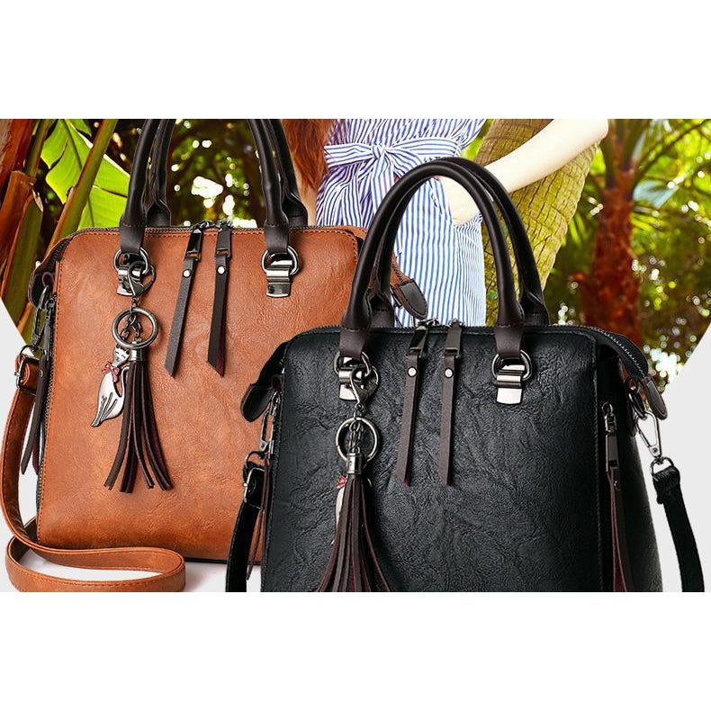 Women Faux-Leather Distressed Asymmetri Tote Cross-body Bag with Stunning Tassels