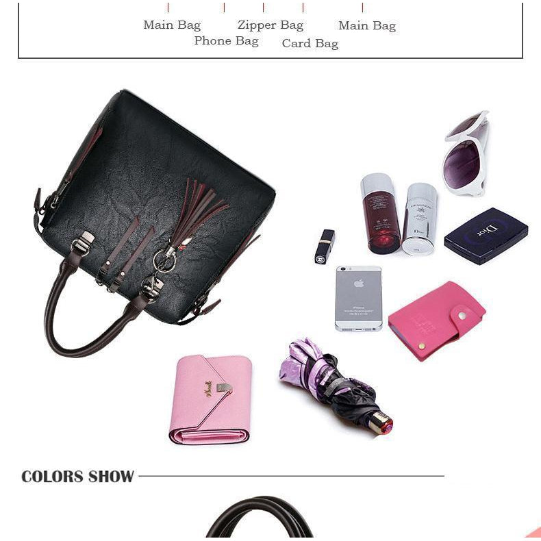 Women Faux-Leather Distressed Asymmetri Tote Cross-body Bag with Stunning Tassels