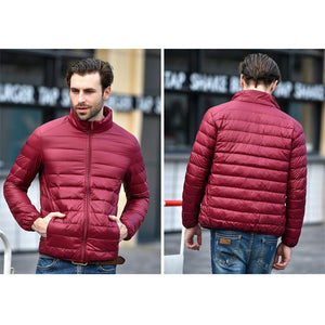 Men Red Maroon Rib Quilted Down Jacket