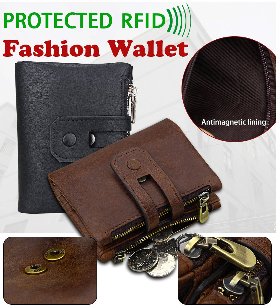 Genuine Leather Men Wallet Credit Card Holder RFID Blocking Zipper Pocket  Thin