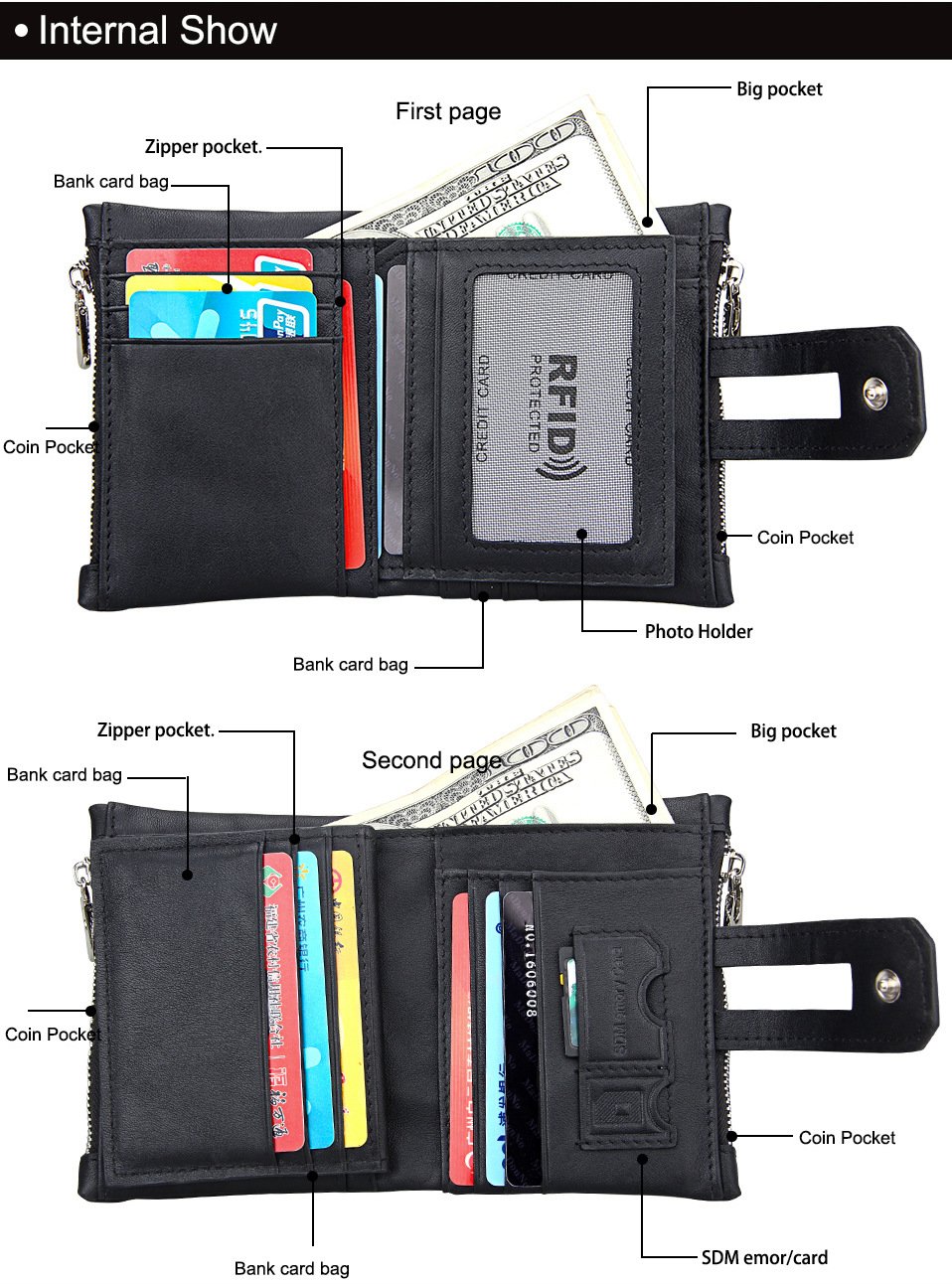 Genuine Leather Wallets For Men Credit Card Holder Coin Purse Zipper Pocket  Bag 